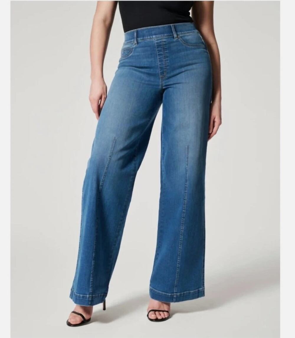 SPANX Seamed Front Wide Leg Pull On Jeans Vintage Indigo Sz L $168 {4T42}